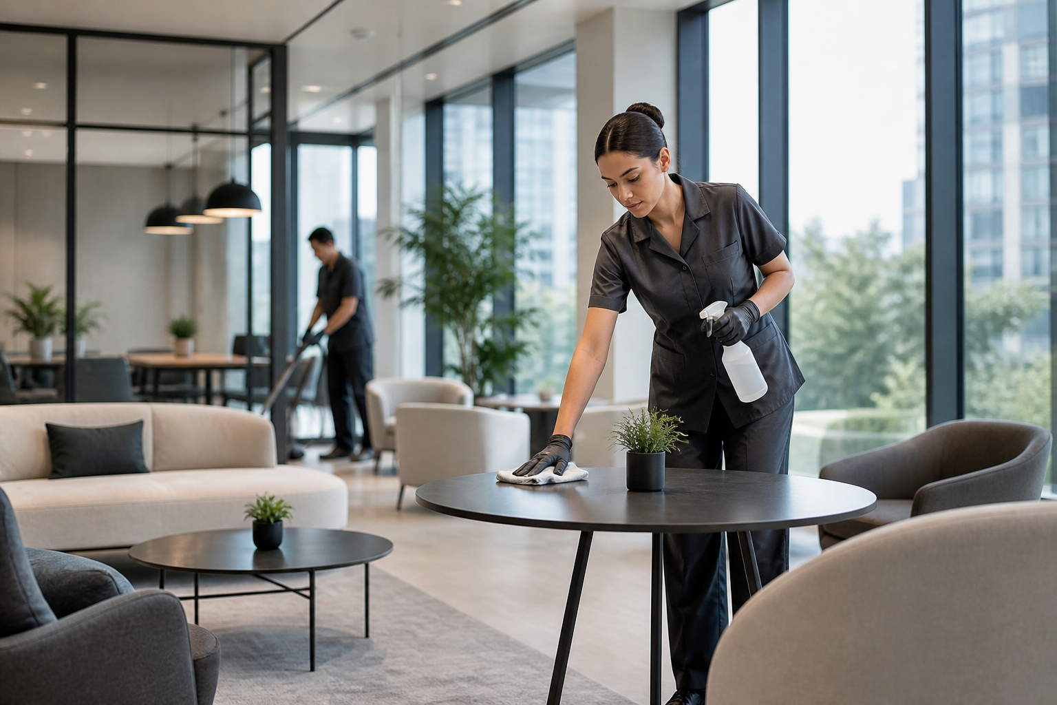 Commercial cleaning team working in a modern office lounge